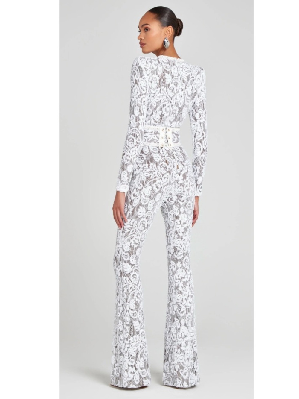 Nadine Merabi Bella Sequin Lace Flared Leg Jumpsuit Bridal Wedding White Small - Picture 2 of 10